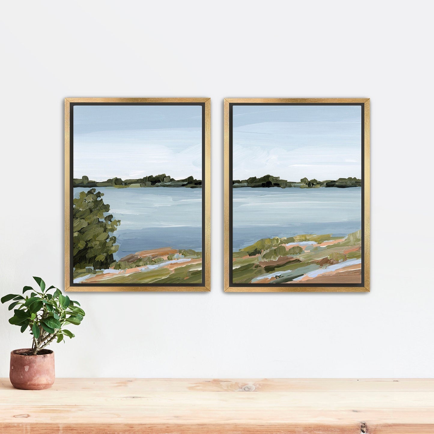 ’Family Lakehouse’ Diptych Art Print || Set of 2 - Stretched Canvas / 8x10 in / Gold Frame - abstract - Artwork - Lake