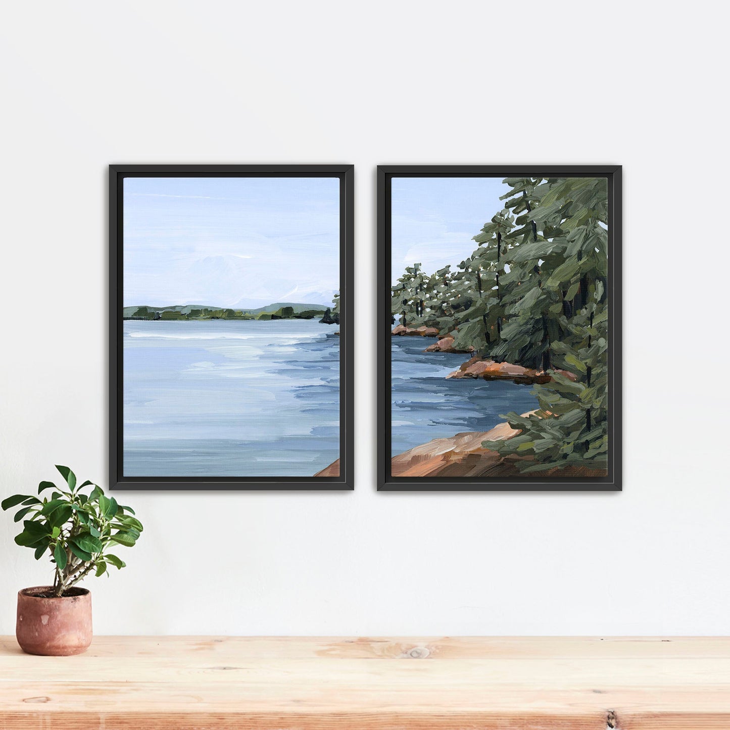 ’Gathering Place’ Diptych Art Print || Set of 2 - Stretched Canvas / 8x10 in / Black Frame - abstract - Artwork - Lake