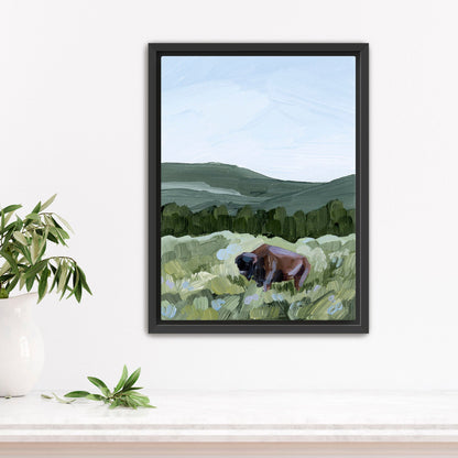 ’Grazing in Yellowstone’ Art Print - Stretched Canvas / 8x10 / Black Frame - Yellowstone National Park - animals