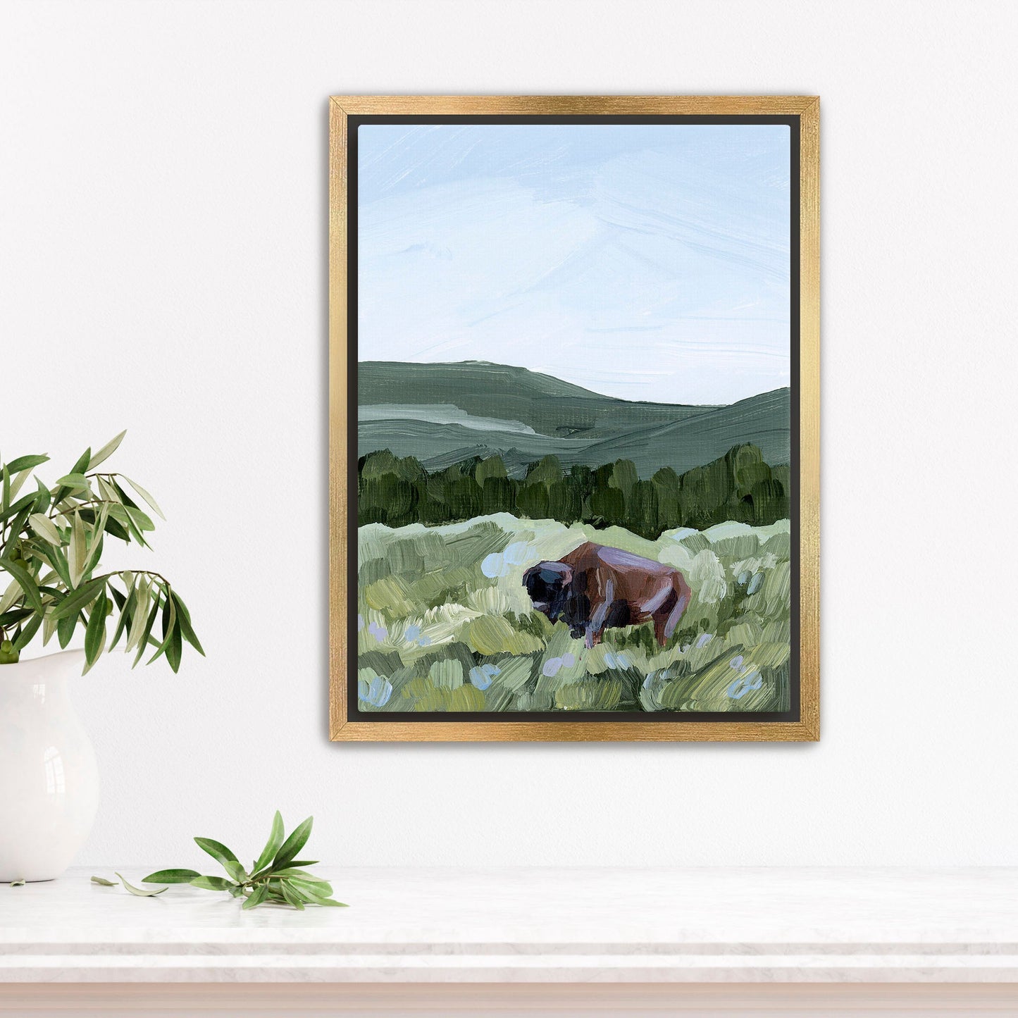 ’Grazing in Yellowstone’ Art Print - Stretched Canvas / 8x10 / Gold Frame - Yellowstone National Park - animals