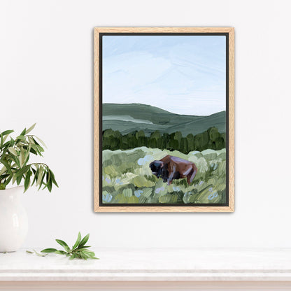 ’Grazing in Yellowstone’ Art Print - Stretched Canvas / 8x10 / Oak Frame - Yellowstone National Park - animals