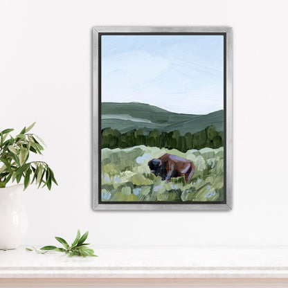 ’Grazing in Yellowstone’ Art Print - Stretched Canvas / 8x10 / Silver Frame - Yellowstone National Park - animals