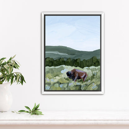 ’Grazing in Yellowstone’ Art Print - Stretched Canvas / 8x10 / White Frame - Yellowstone National Park - animals