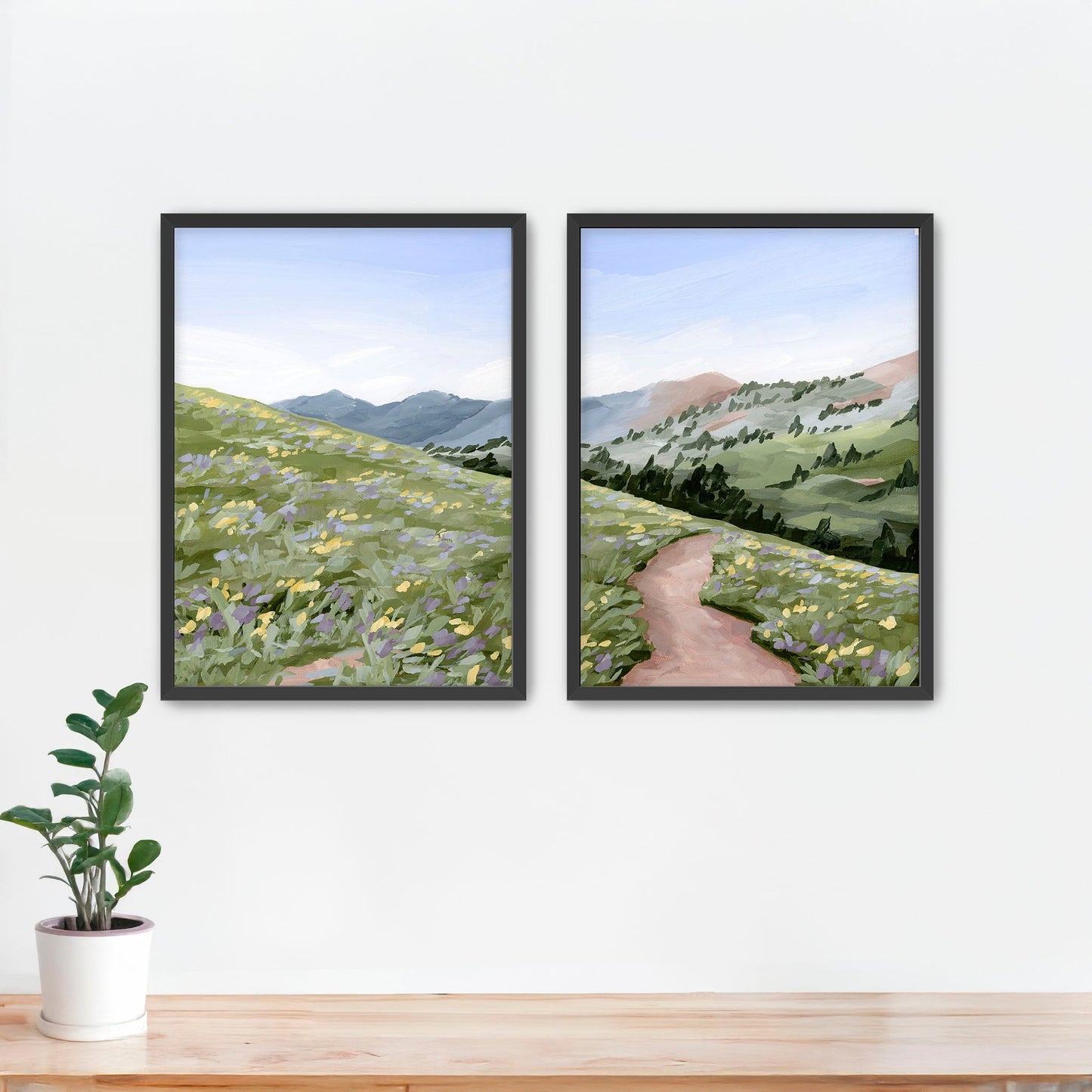 ’High Meadow’ Diptych Art Print || Set of 2 Paper / 5x7 in / Black Frame abstract Artwork Flower