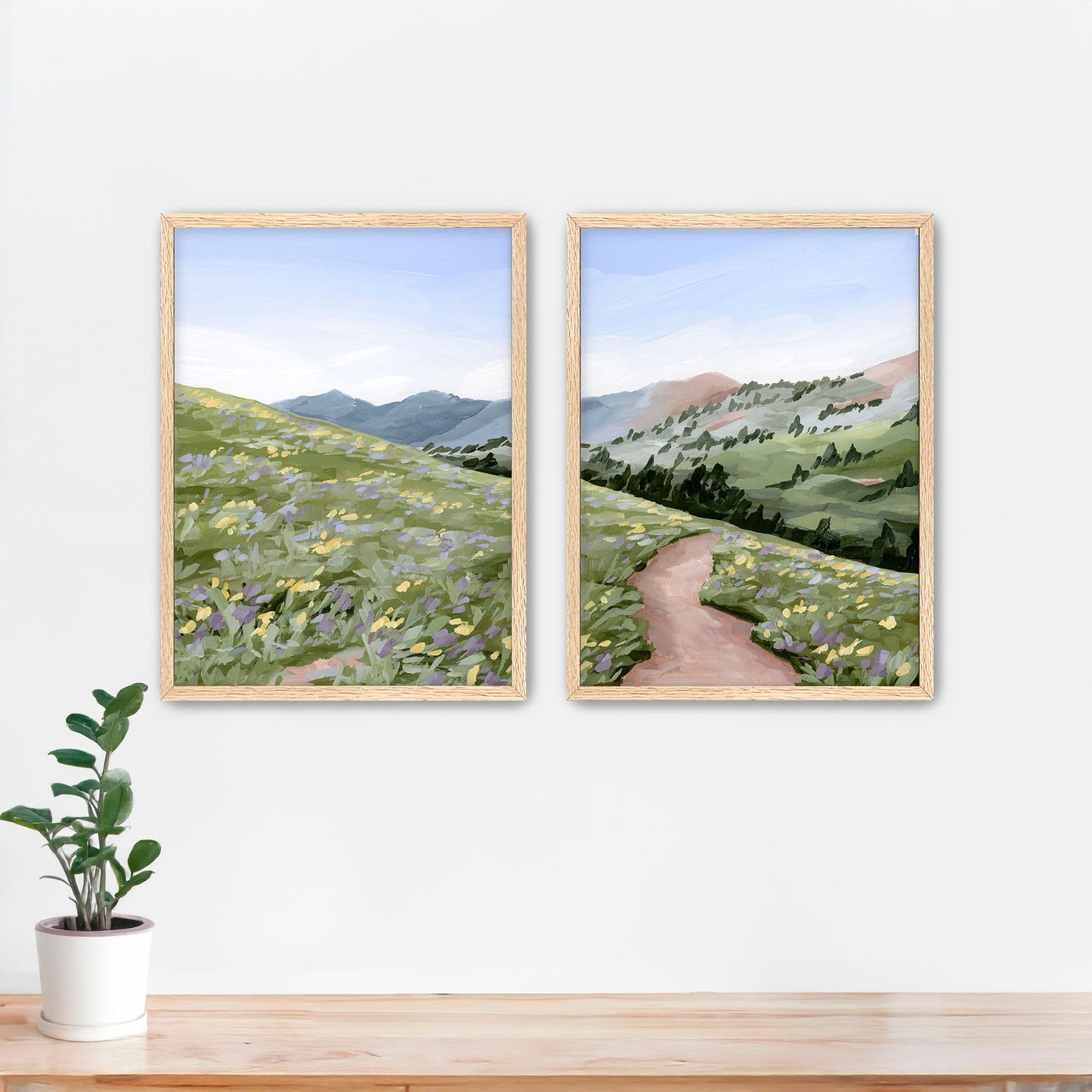 ’High Meadow’ Diptych Art Print || Set of 2 Paper / 5x7 in / Oak Frame abstract Artwork Flower