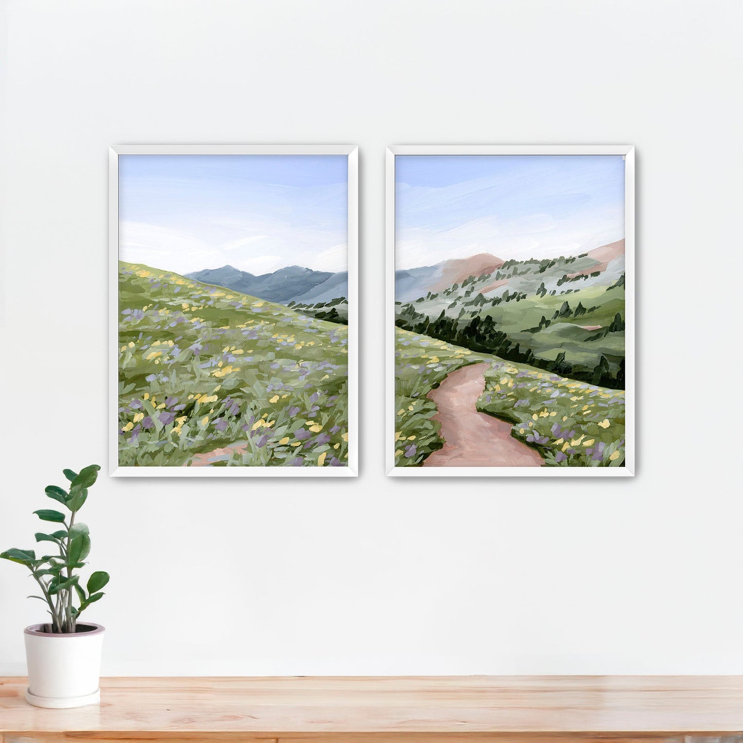 ’High Meadow’ Diptych Art Print || Set of 2 Paper / 5x7 in / White Frame abstract Artwork Flower