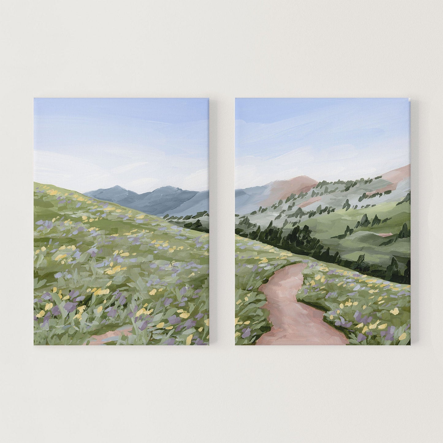 ’High Meadow’ Diptych Art Print || Set of 2 Stretched Canvas / 8x10 in / No Frame abstract Artwork Flower