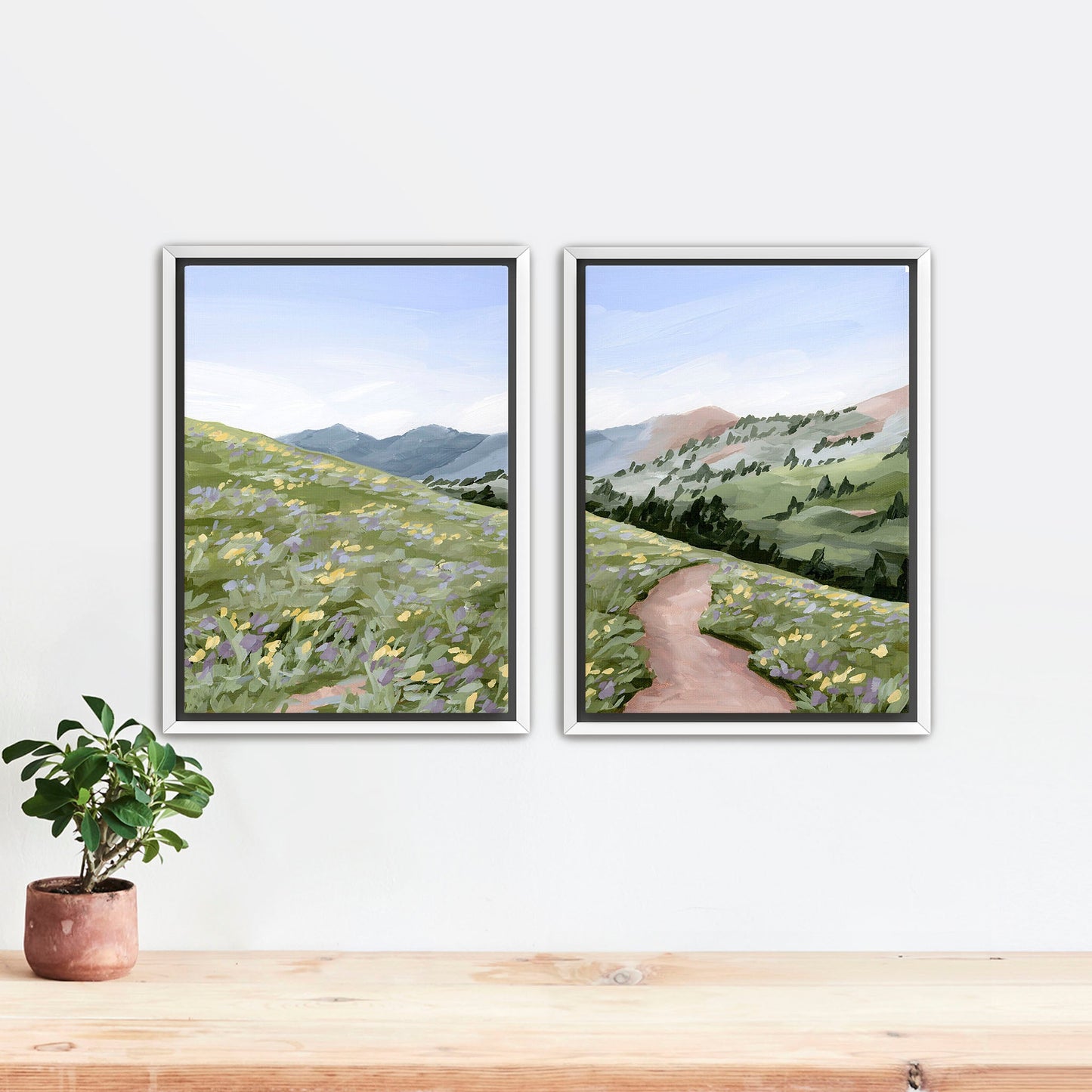 ’High Meadow’ Diptych Art Print || Set of 2 Stretched Canvas / 8x10 in / White Frame abstract Artwork Flower