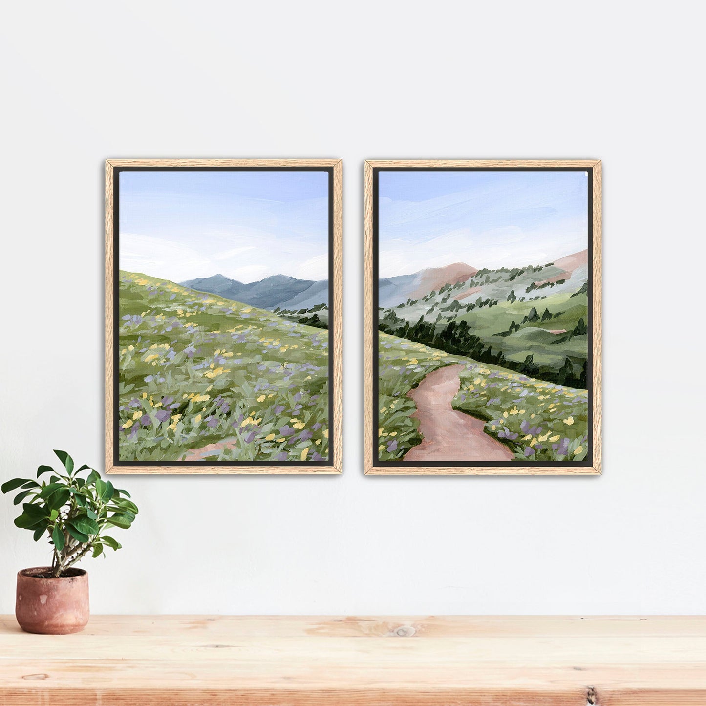 ’High Meadow’ Diptych Art Print || Set of 2 Stretched Canvas / 8x10 in / Oak Frame abstract Artwork Flower