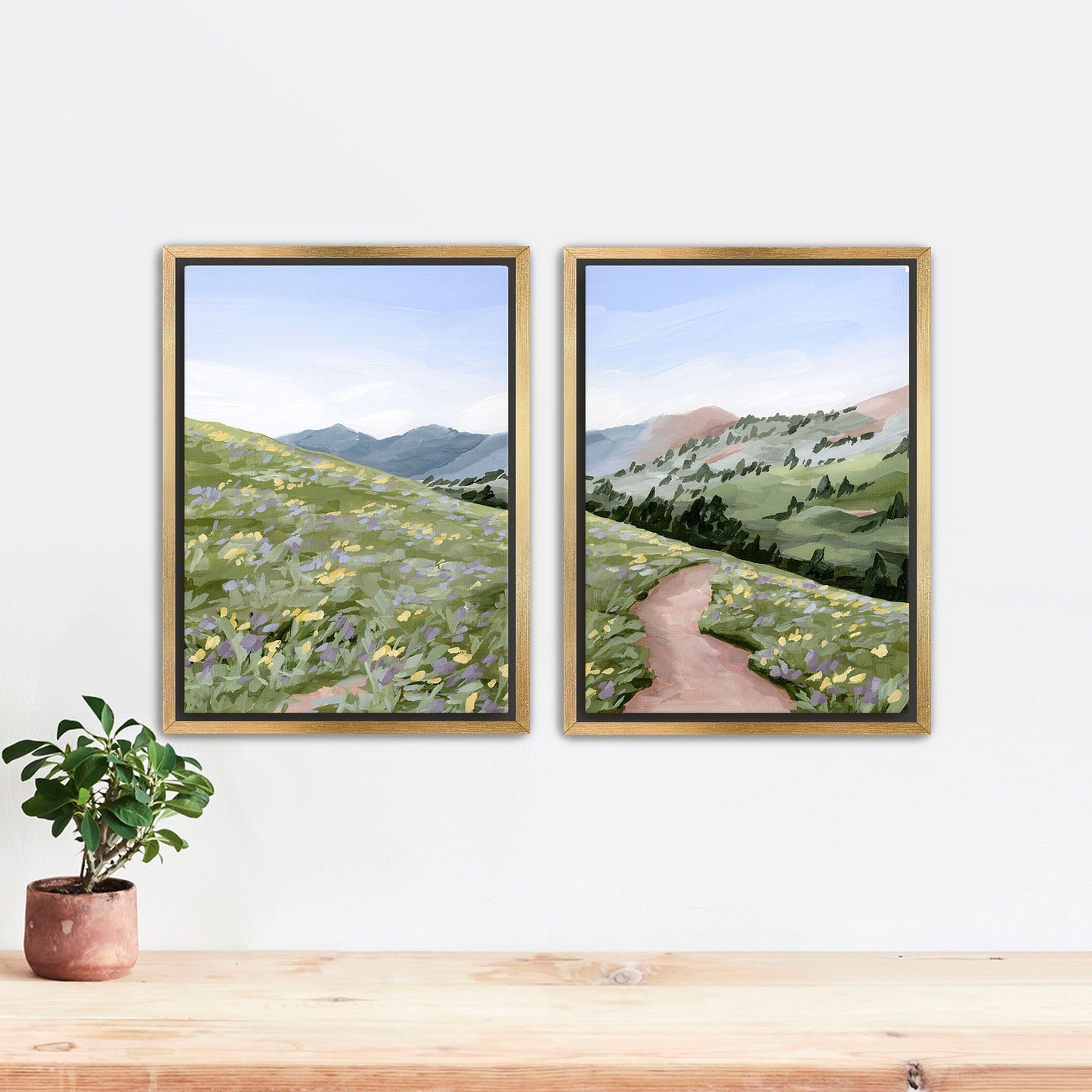 ’High Meadow’ Diptych Art Print || Set of 2 Stretched Canvas / 8x10 in / Gold Frame abstract Artwork Flower
