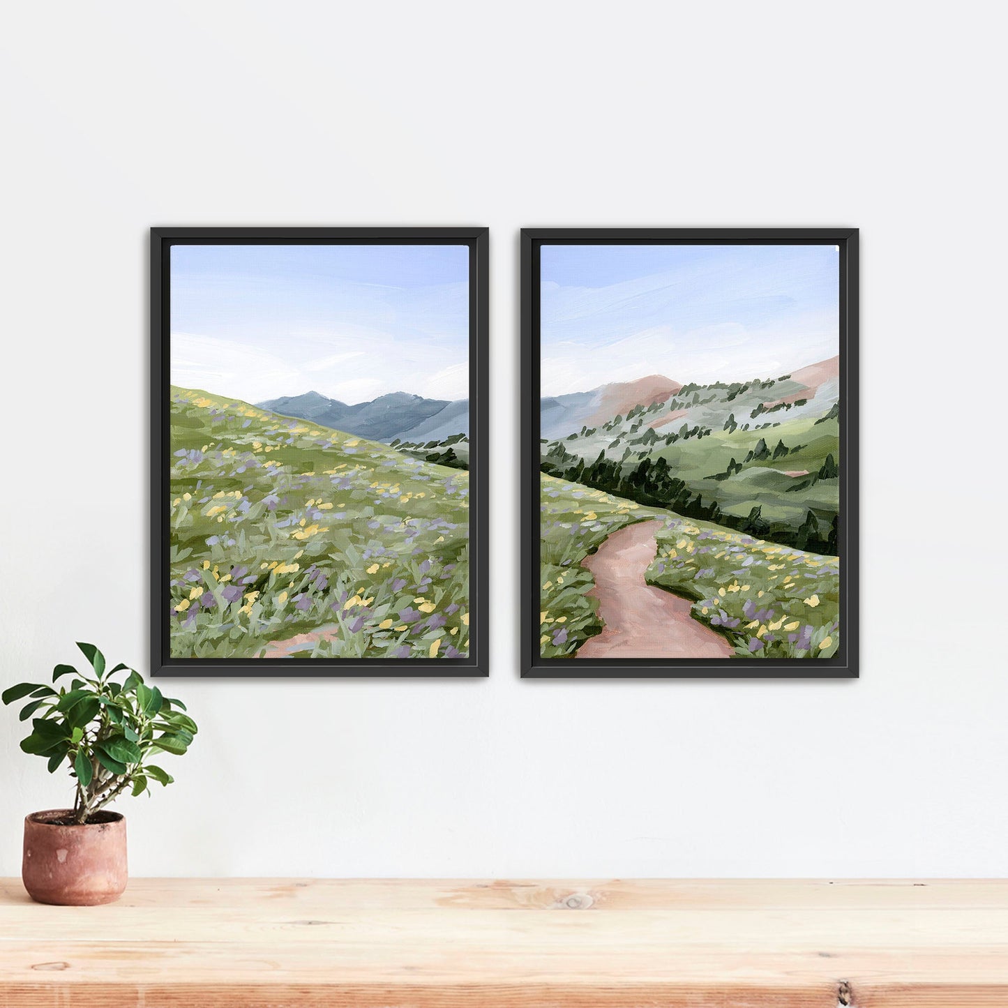 ’High Meadow’ Diptych Art Print || Set of 2 Stretched Canvas / 8x10 in / Black Frame abstract Artwork Flower