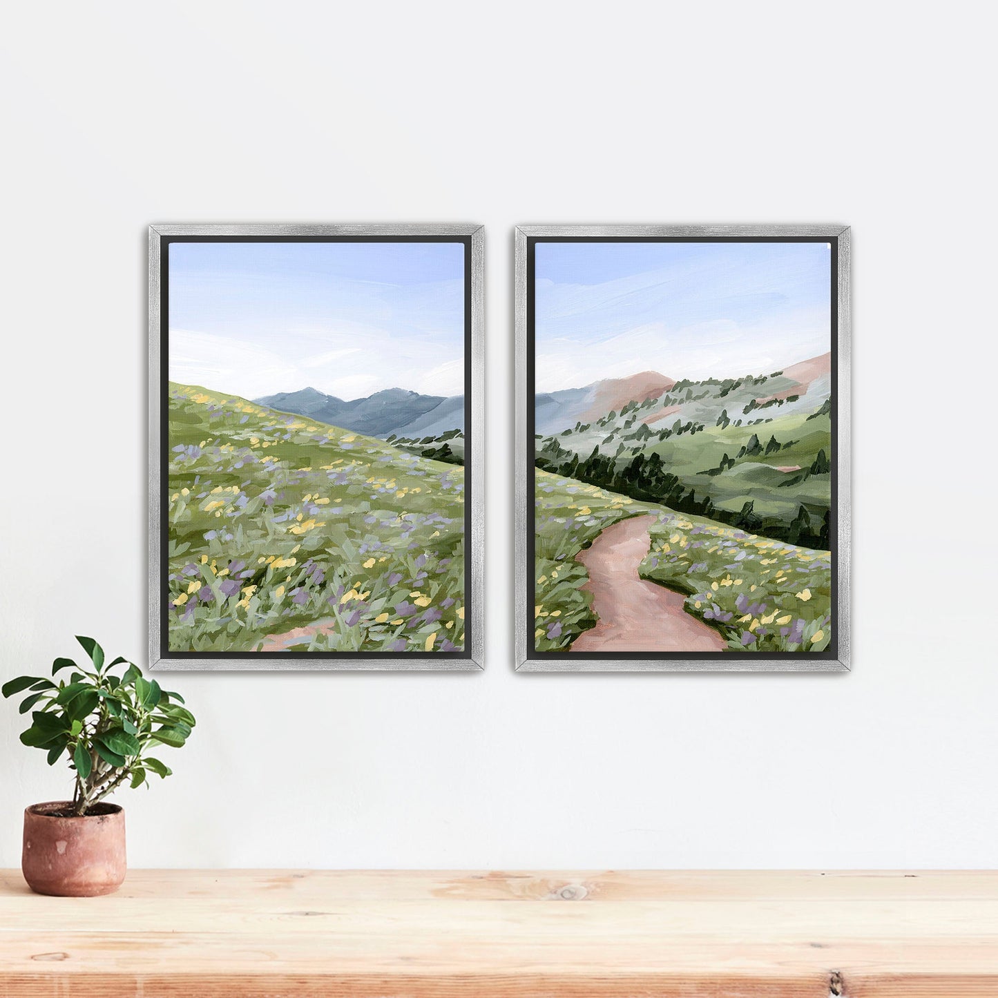 ’High Meadow’ Diptych Art Print || Set of 2 Stretched Canvas / 8x10 in / Silver Frame abstract Artwork Flower