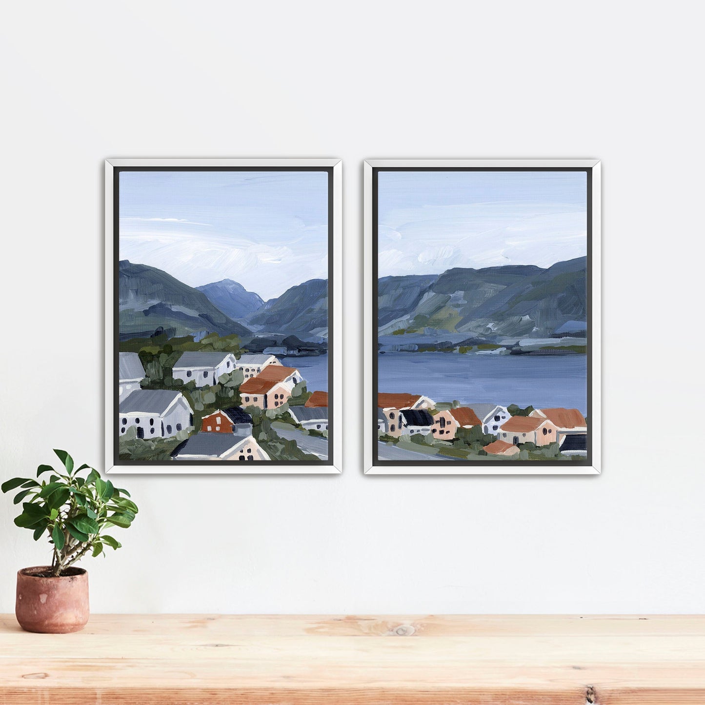 ’Honeymooning’ Diptych Art Print || Set of 2 Stretched Canvas / 8x10 in / White Frame abstract Artwork Building