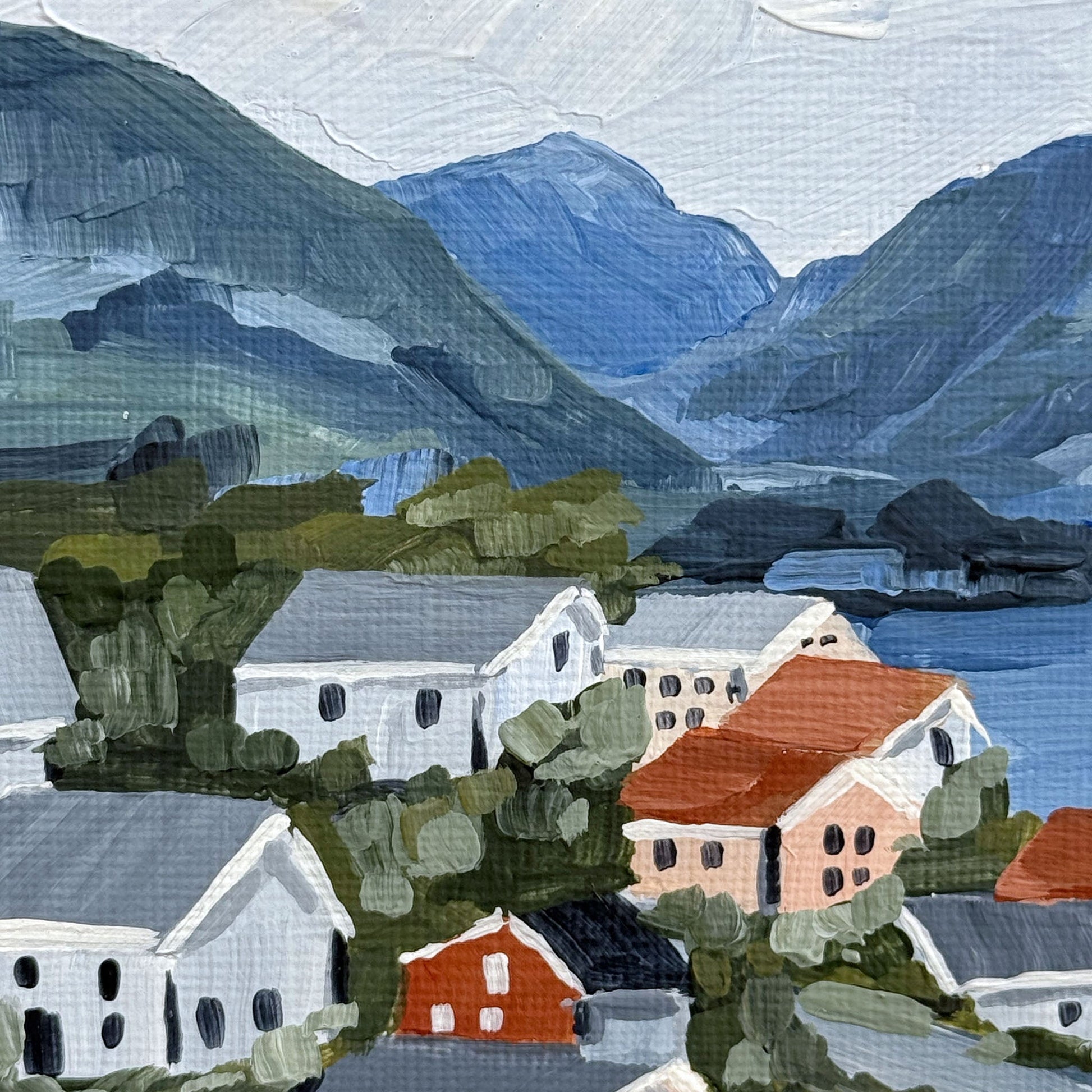 ’Honeymooning’ Original Painting || 5x7 - Norway Coast - abstract - Acrylic - Artwork - bay - Building