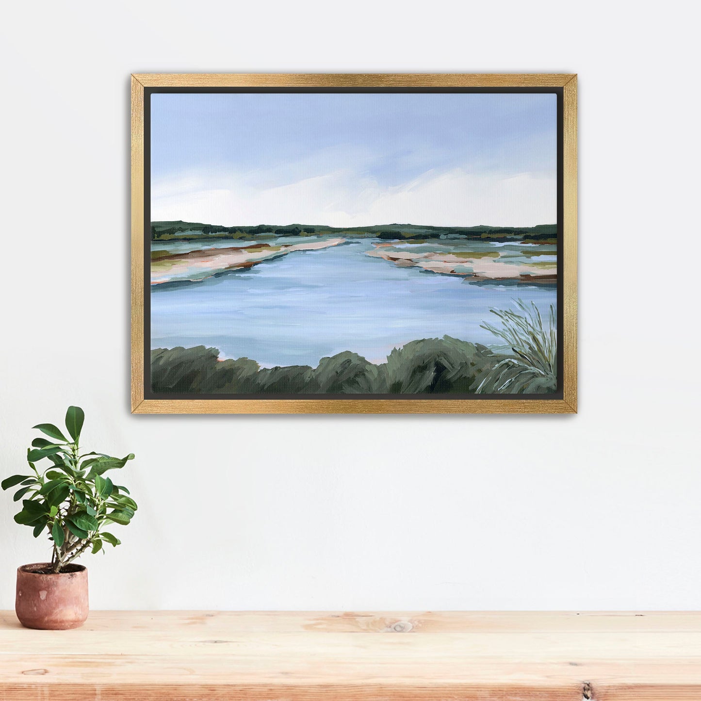 ’Lakeside Dream’ Art Print - Stretched Canvas / 8x10 in / Gold Frame - Large Landscape Lake Wall - abstract - Artwork