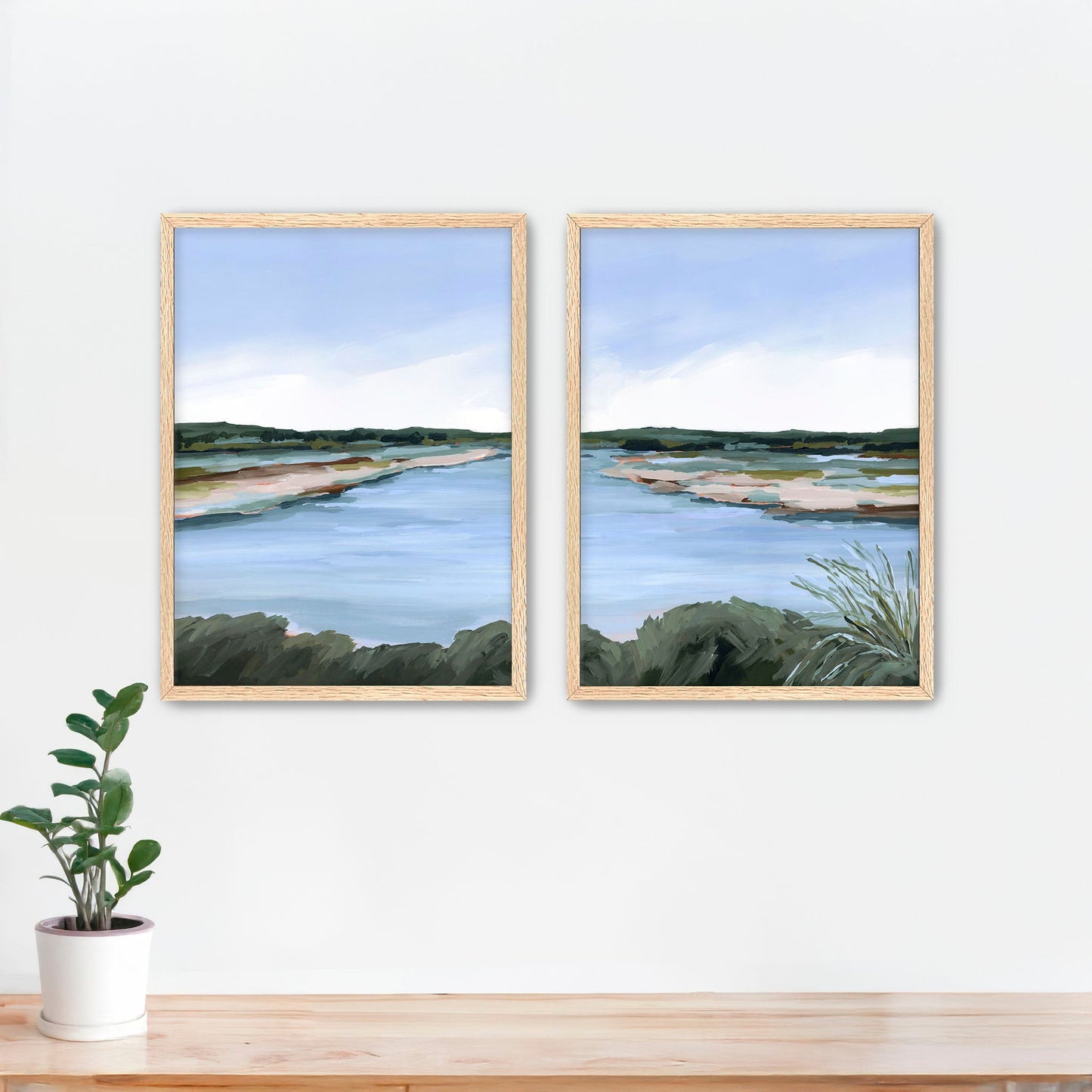 ’Lakeside Dream’ Diptych Art Print || Set of 2 - Paper / 5x7 in / Oak Frame - abstract - Artwork - Lake