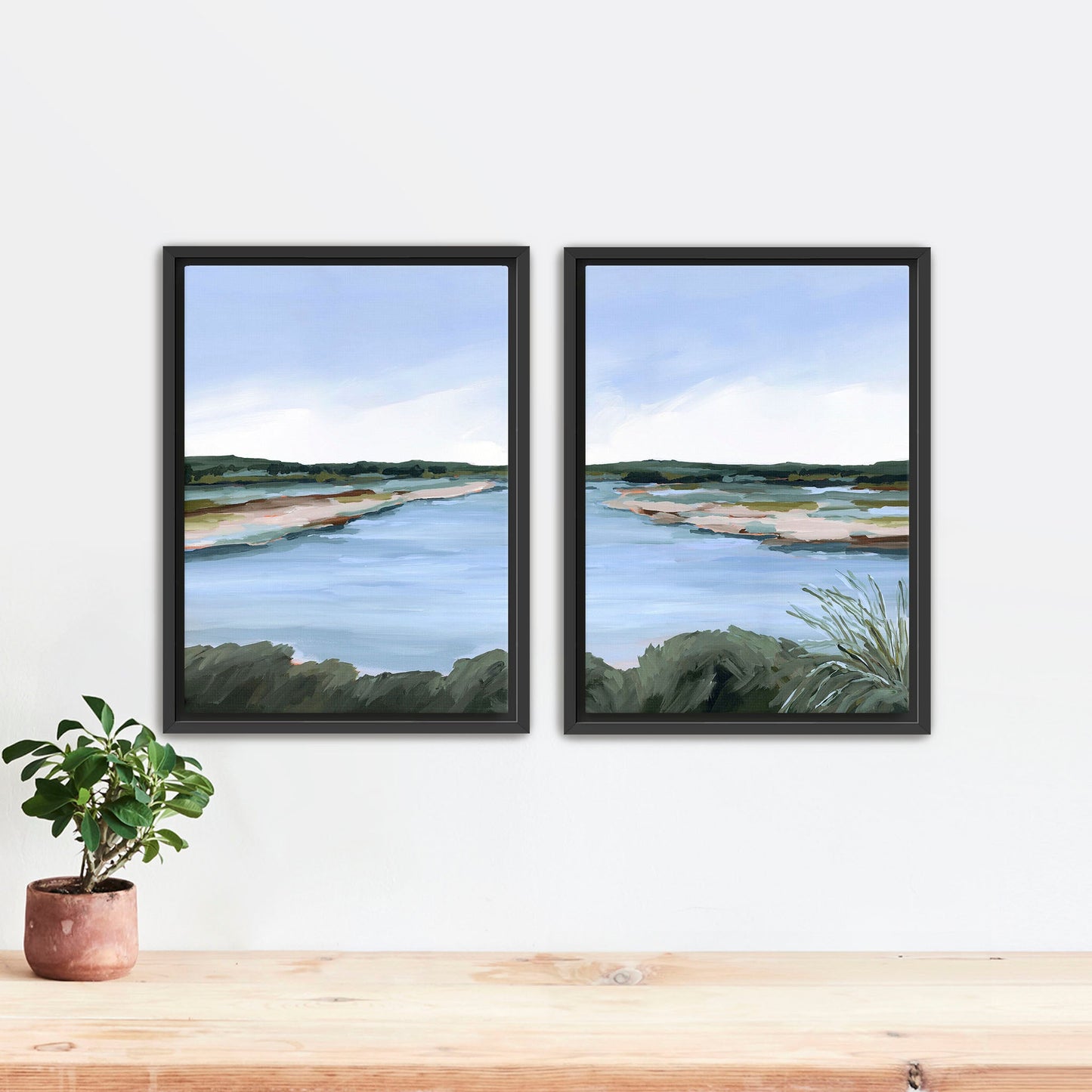 ’Lakeside Dream’ Diptych Art Print || Set of 2 - Stretched Canvas / 8x10 in / Black Frame - abstract - Artwork - Lake