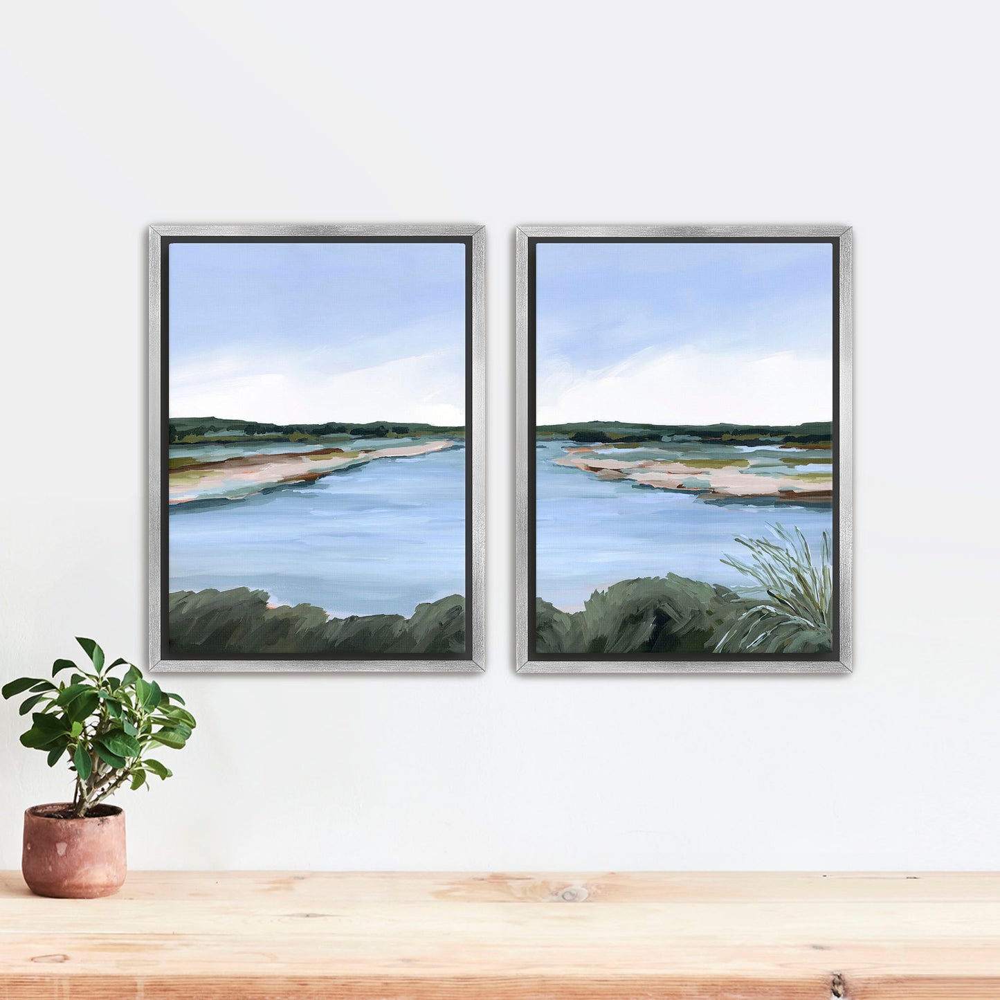 ’Lakeside Dream’ Diptych Art Print || Set of 2 - Stretched Canvas / 8x10 in / Silver Frame - abstract - Artwork - Lake