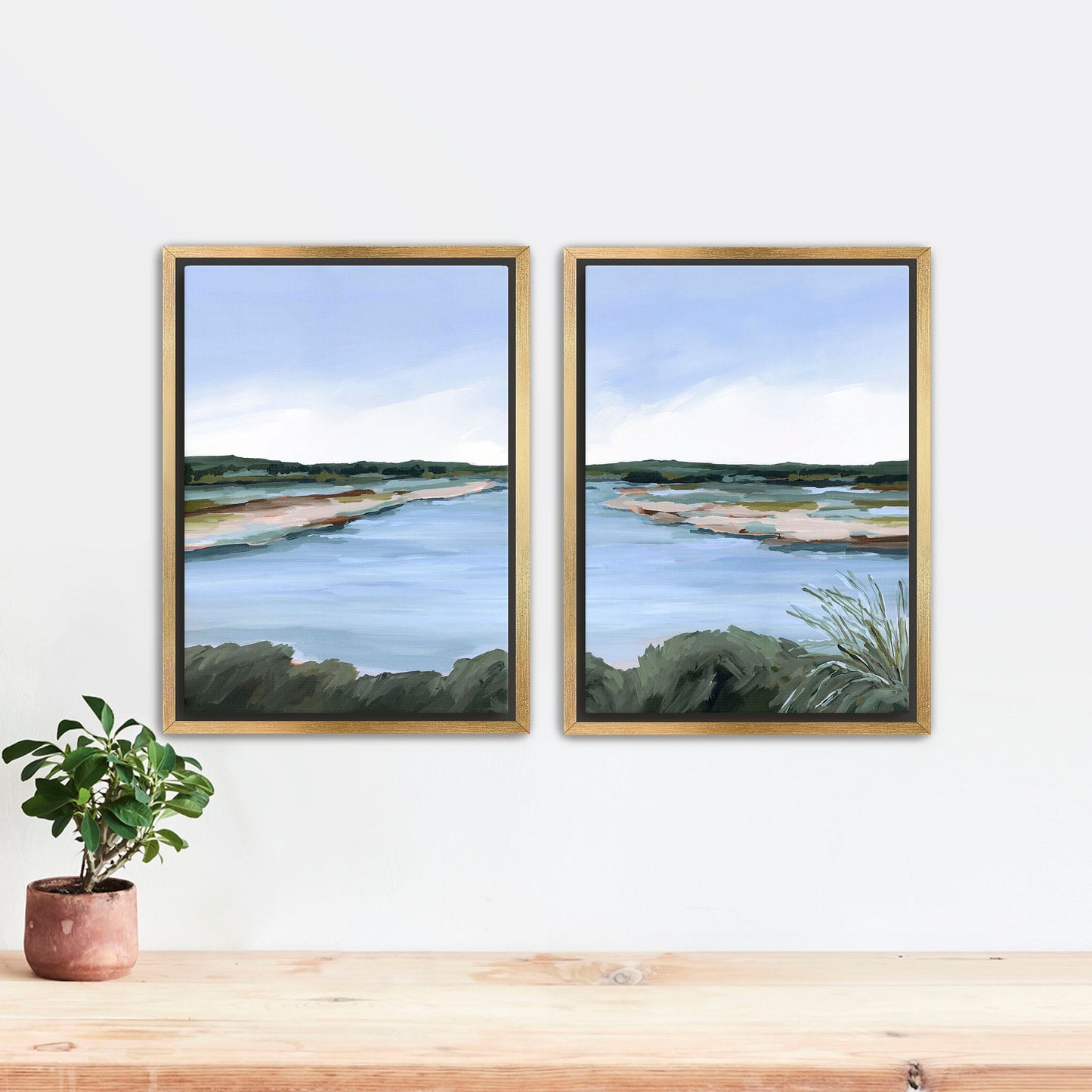 ’Lakeside Dream’ Diptych Art Print || Set of 2 - Stretched Canvas / 8x10 in / Gold Frame - abstract - Artwork - Lake