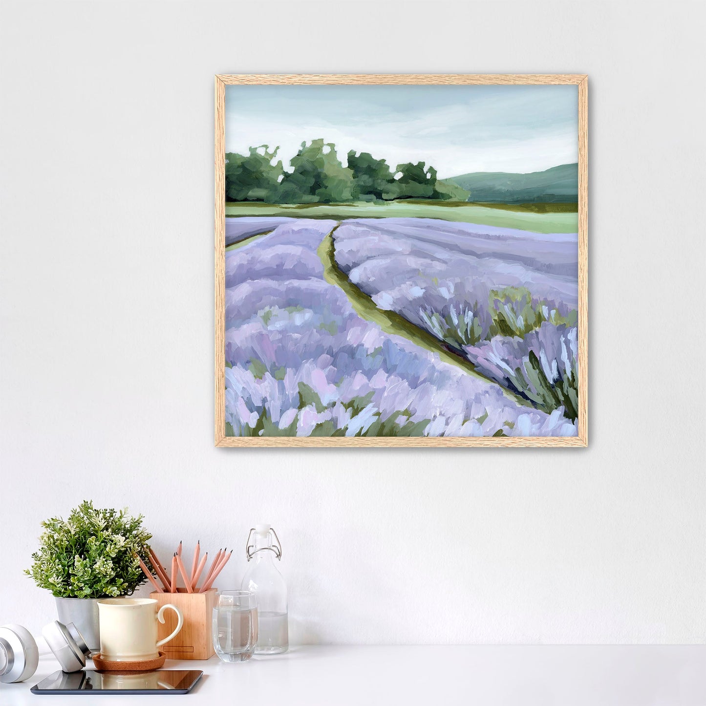 ’Lavender Foothills’ Art Print - Paper / 10x10 in / Oak Frame - Lavender Field Wall - Artwork - Landscape - Mountain