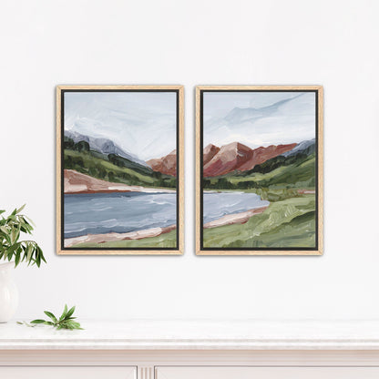 ’Maroon and Blue’ Diptych Art Print || Set of 2 - Stretched Canvas / 8x10 in / Oak Frame - abstract - Artwork - Aspen