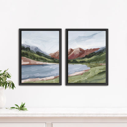 ’Maroon and Blue’ Diptych Art Print || Set of 2 - Stretched Canvas / 8x10 in / Black Frame - abstract - Artwork