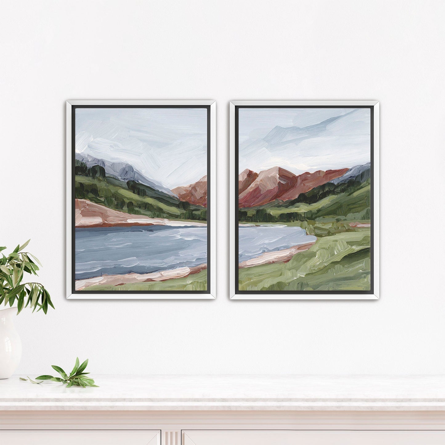 ’Maroon and Blue’ Diptych Art Print || Set of 2 - Stretched Canvas / 8x10 in / White Frame - abstract - Artwork - Aspen