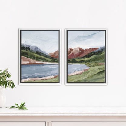 ’Maroon and Blue’ Diptych Art Print || Set of 2 - Stretched Canvas / 8x10 in / White Frame - abstract - Artwork - Aspen