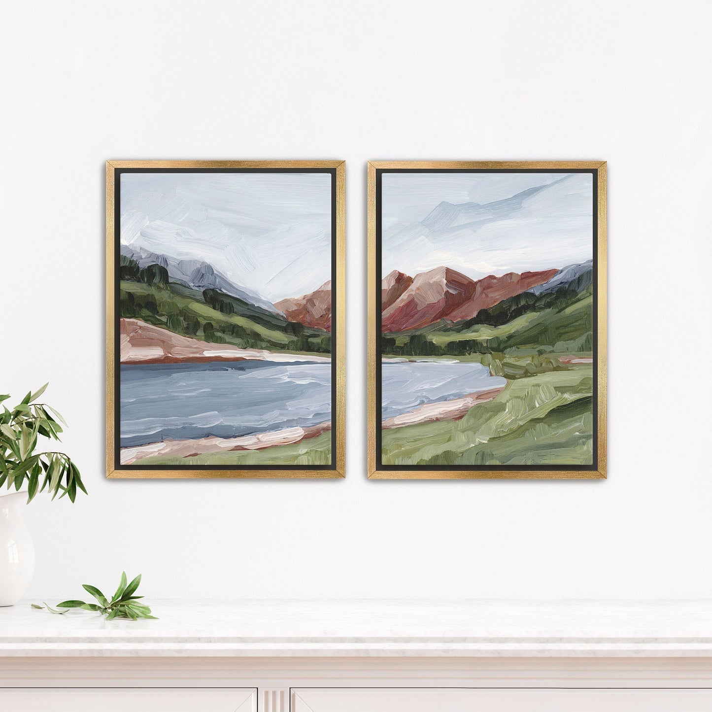 ’Maroon and Blue’ Diptych Art Print || Set of 2 - Stretched Canvas / 8x10 in / Gold Frame - abstract - Artwork - Aspen