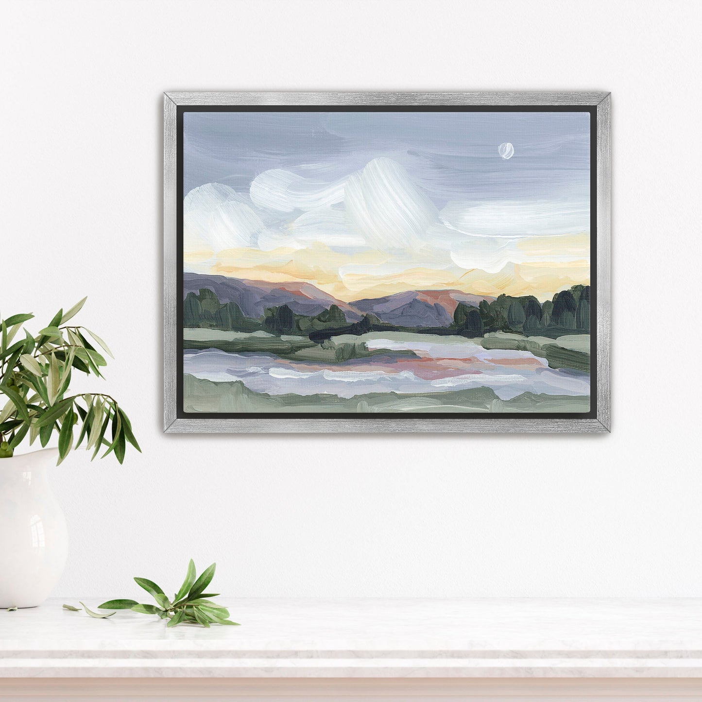 ’Moonlit Pond’ Art Print - Stretched Canvas / 8x10 in / Silver Frame - Vermont Sunset Wall - Artwork - Evening