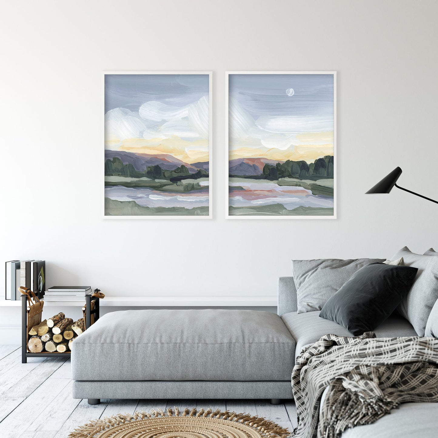 ’Moonlit Pond’ Diptych Art Print || Set of 2 - abstract - Artwork - Evening