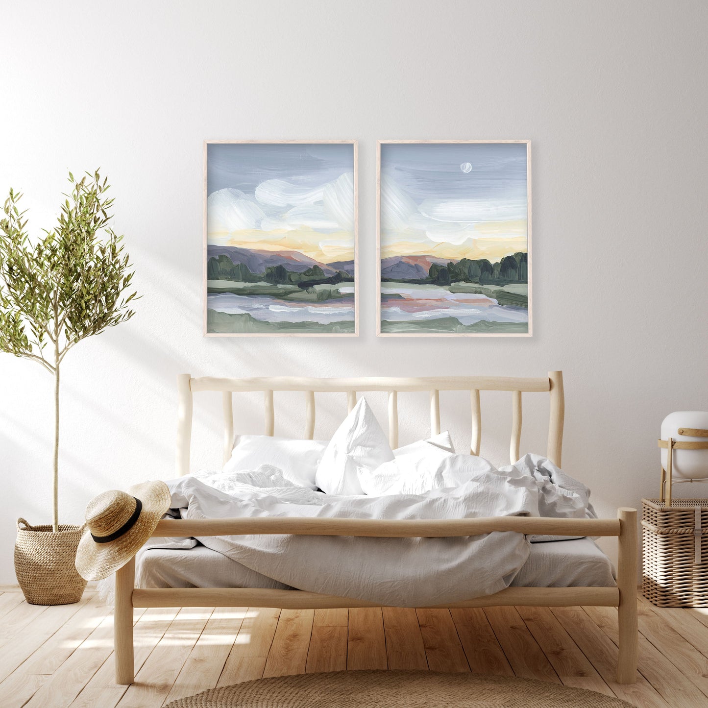 ’Moonlit Pond’ Diptych Art Print || Set of 2 - abstract - Artwork - Evening