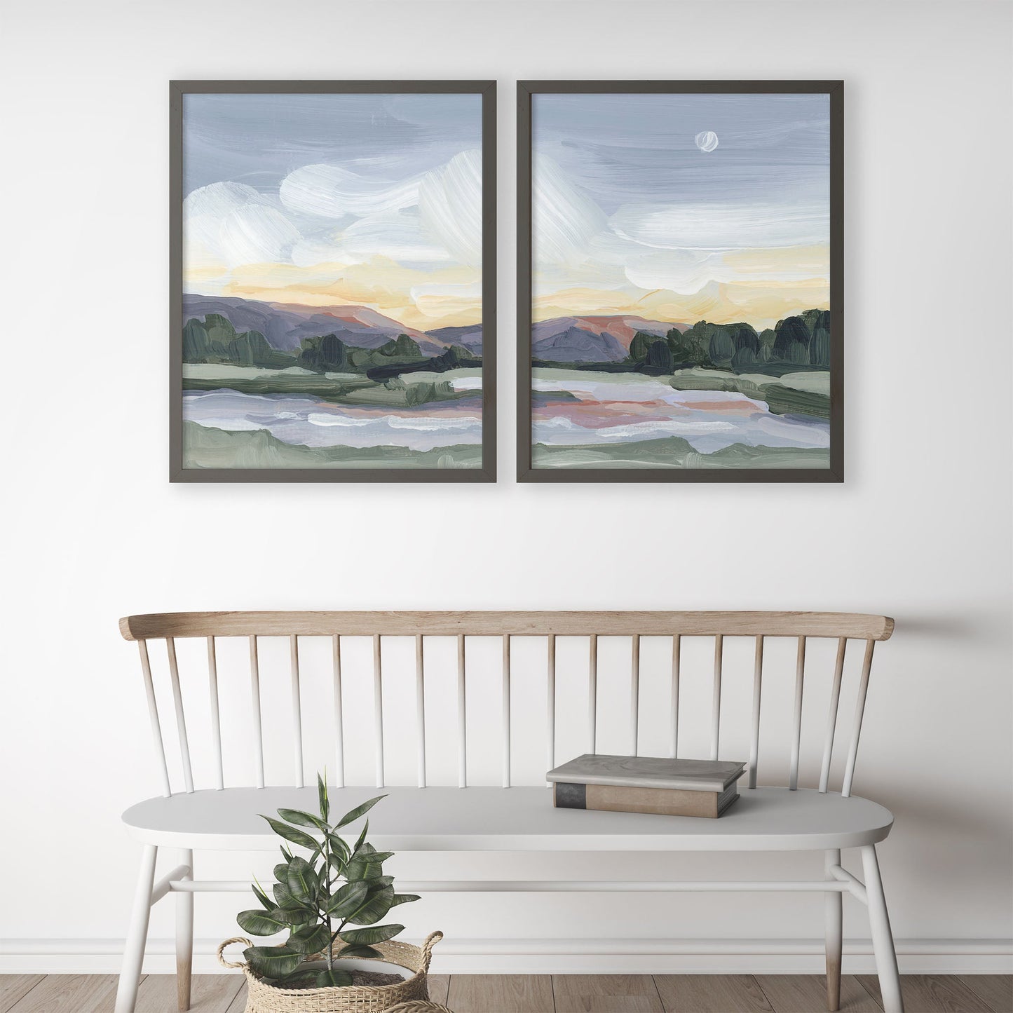 ’Moonlit Pond’ Diptych Art Print || Set of 2 - abstract - Artwork - Evening