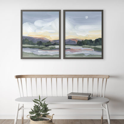 ’Moonlit Pond’ Diptych Art Print || Set of 2 - abstract - Artwork - Evening