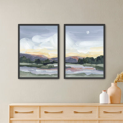 ’Moonlit Pond’ Diptych Art Print || Set of 2 - Paper / 5x7 in / Black Frame - abstract - Artwork - Evening