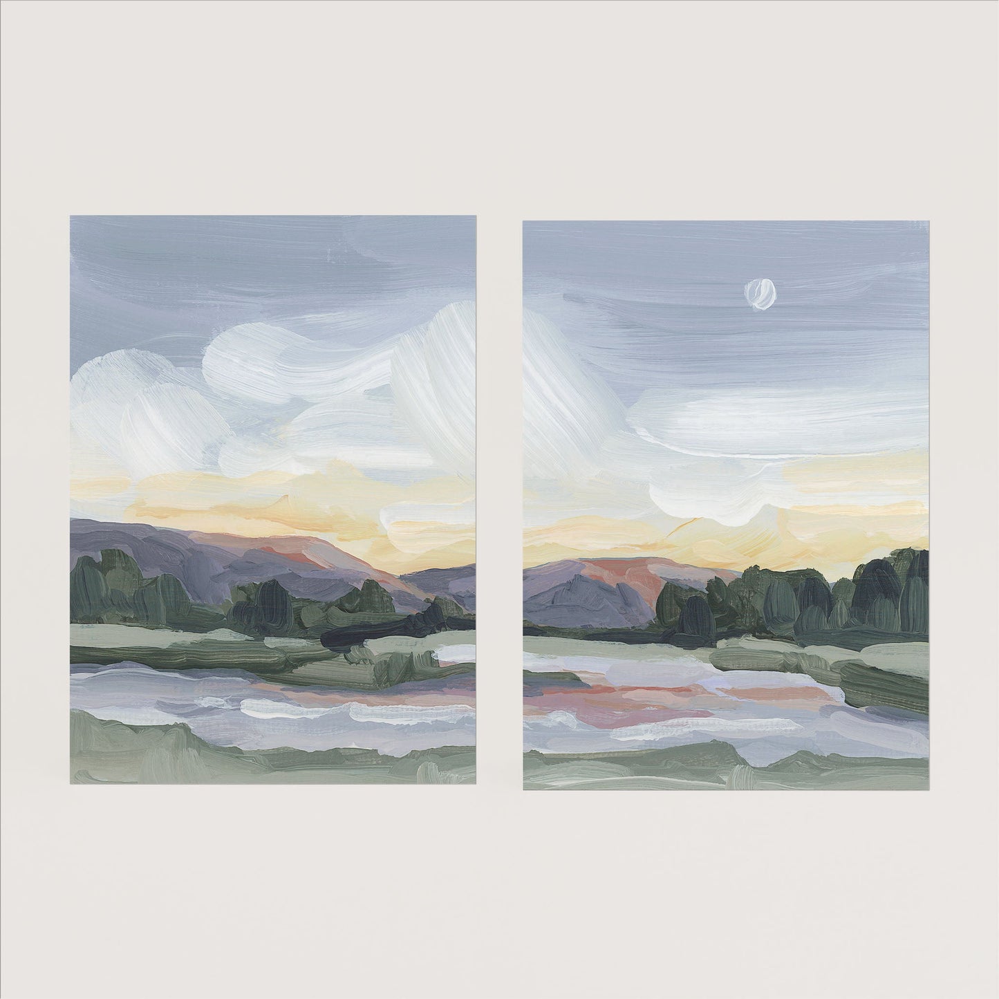 ’Moonlit Pond’ Diptych Art Print || Set of 2 - Paper / 5x7 in / No Frame - abstract - Artwork - Evening