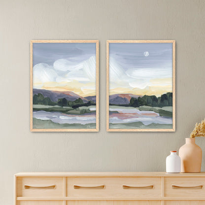 ’Moonlit Pond’ Diptych Art Print || Set of 2 - Paper / 5x7 in / Oak Frame - abstract - Artwork - Evening