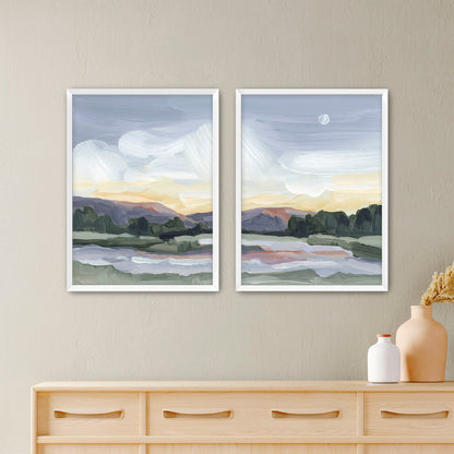 ’Moonlit Pond’ Diptych Art Print || Set of 2 - Paper / 5x7 in / White Frame - abstract - Artwork - Evening