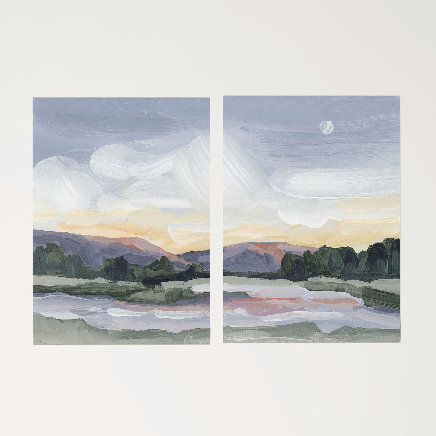 ’Moonlit Pond’ Diptych Art Print || Set of 2 - Rolled Canvas / 8x10 in / No Frame - abstract - Artwork - Evening