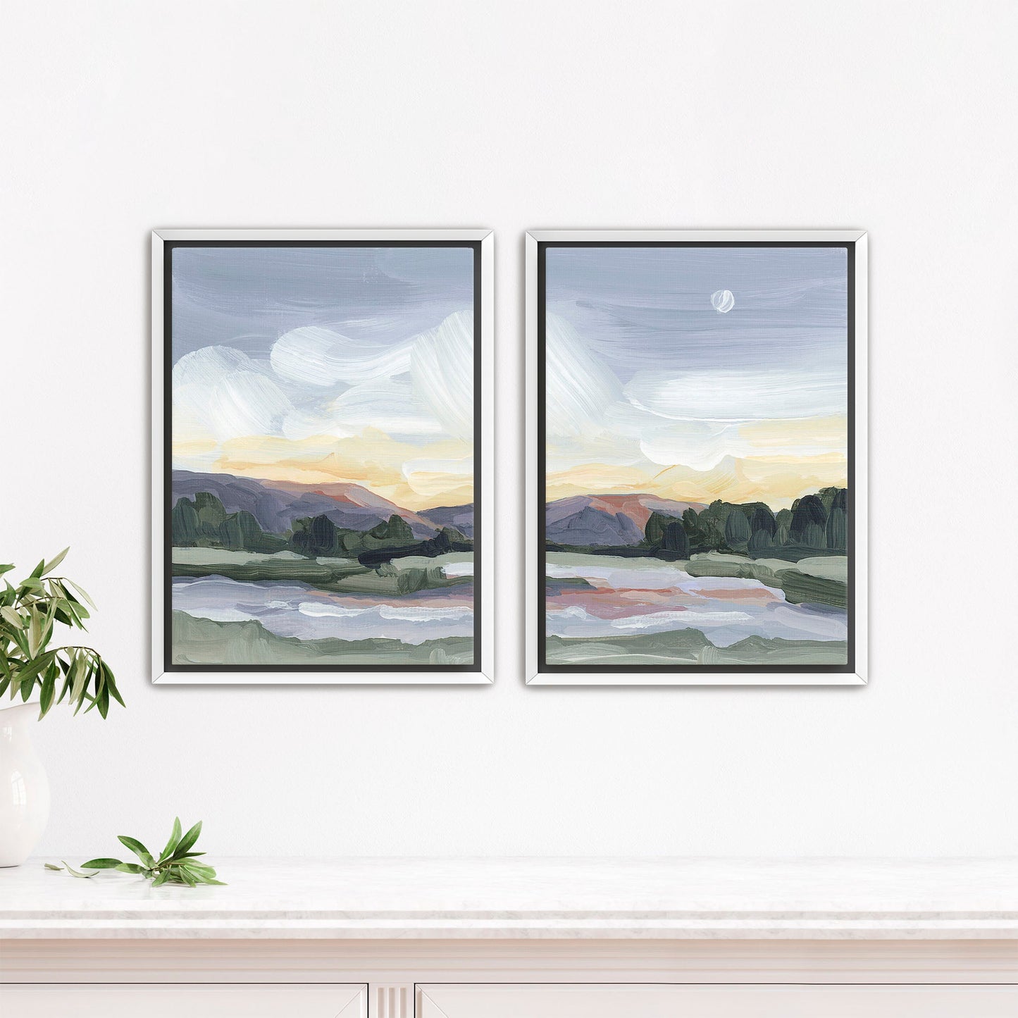 ’Moonlit Pond’ Diptych Art Print || Set of 2 - Stretched Canvas / 8x10 in / White Frame - abstract - Artwork - Evening