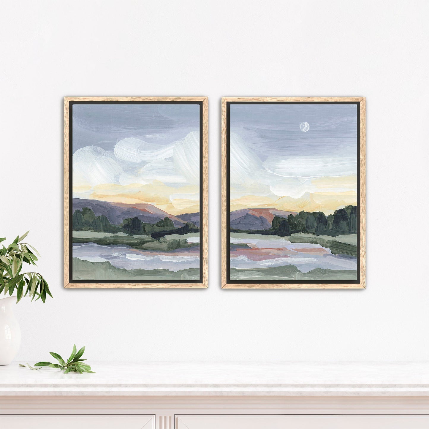 ’Moonlit Pond’ Diptych Art Print || Set of 2 - Stretched Canvas / 8x10 in / Oak Frame - abstract - Artwork - Evening