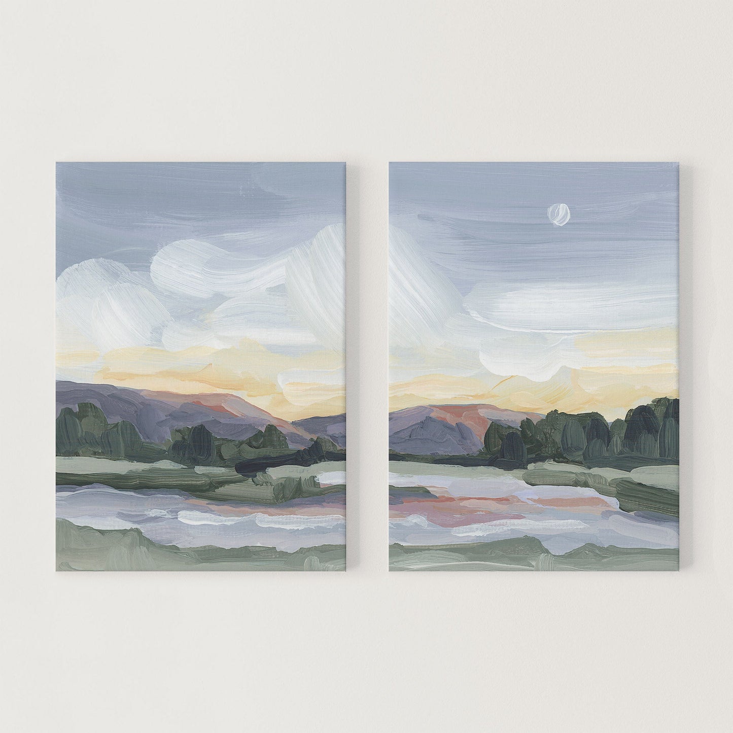 ’Moonlit Pond’ Diptych Art Print || Set of 2 - Stretched Canvas / 8x10 in / No Frame - abstract - Artwork - Evening