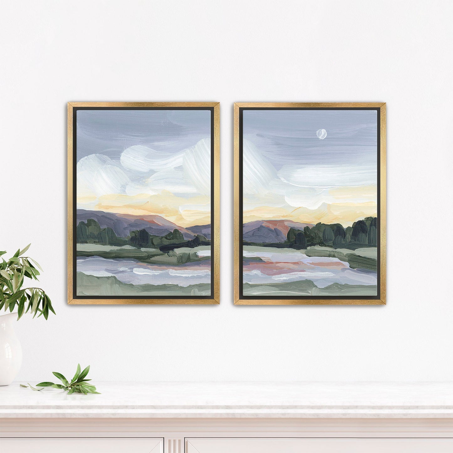 ’Moonlit Pond’ Diptych Art Print || Set of 2 - Stretched Canvas / 8x10 in / Gold Frame - abstract - Artwork - Evening