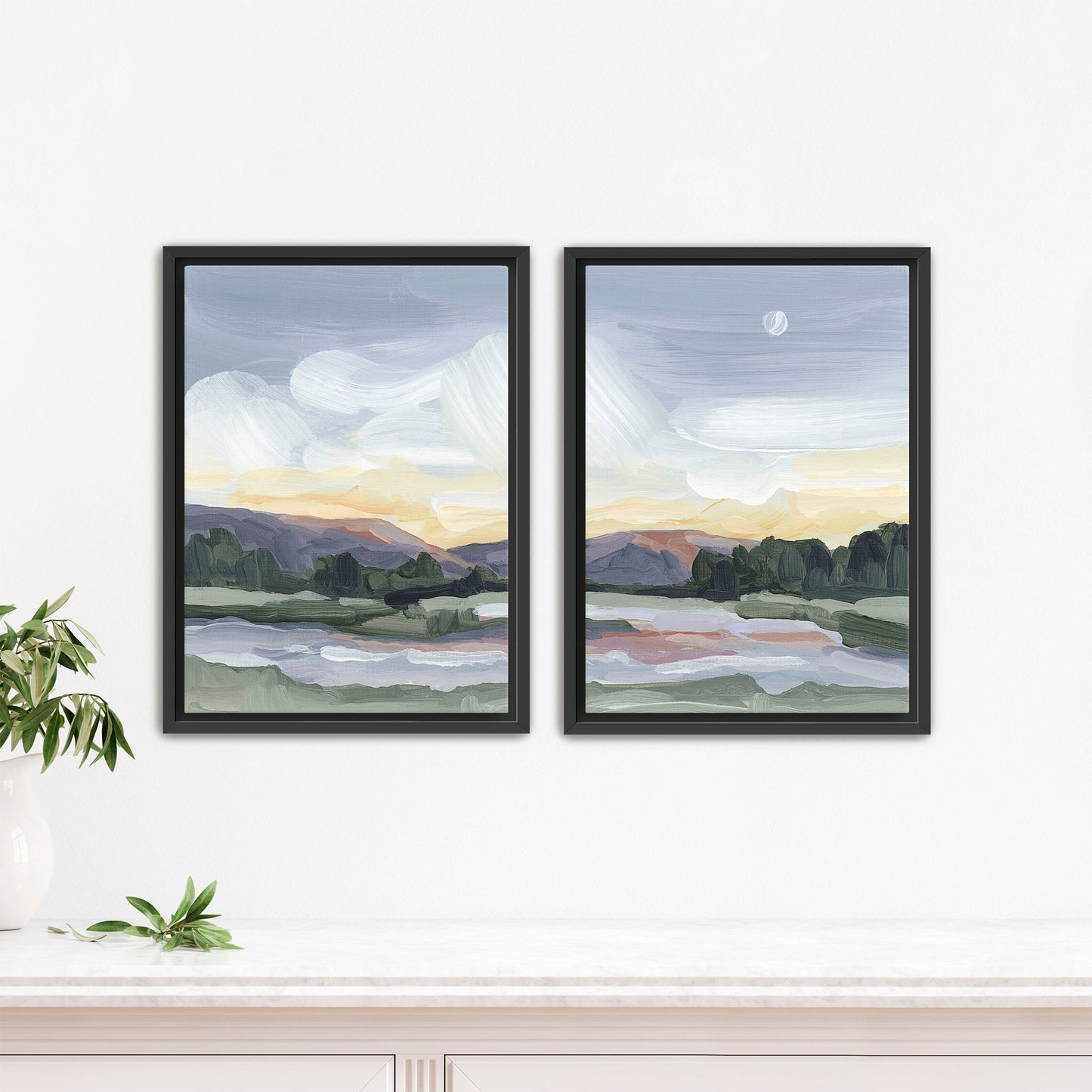 ’Moonlit Pond’ Diptych Art Print || Set of 2 - Stretched Canvas / 8x10 in / Black Frame - abstract - Artwork - Evening