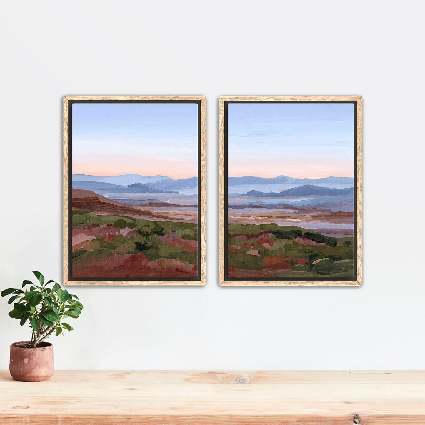 ’Morning Haze I’ Diptych Art Print || Set of 2 Stretched Canvas / 8x10 in / Oak Frame abstract Appalachian appalachian