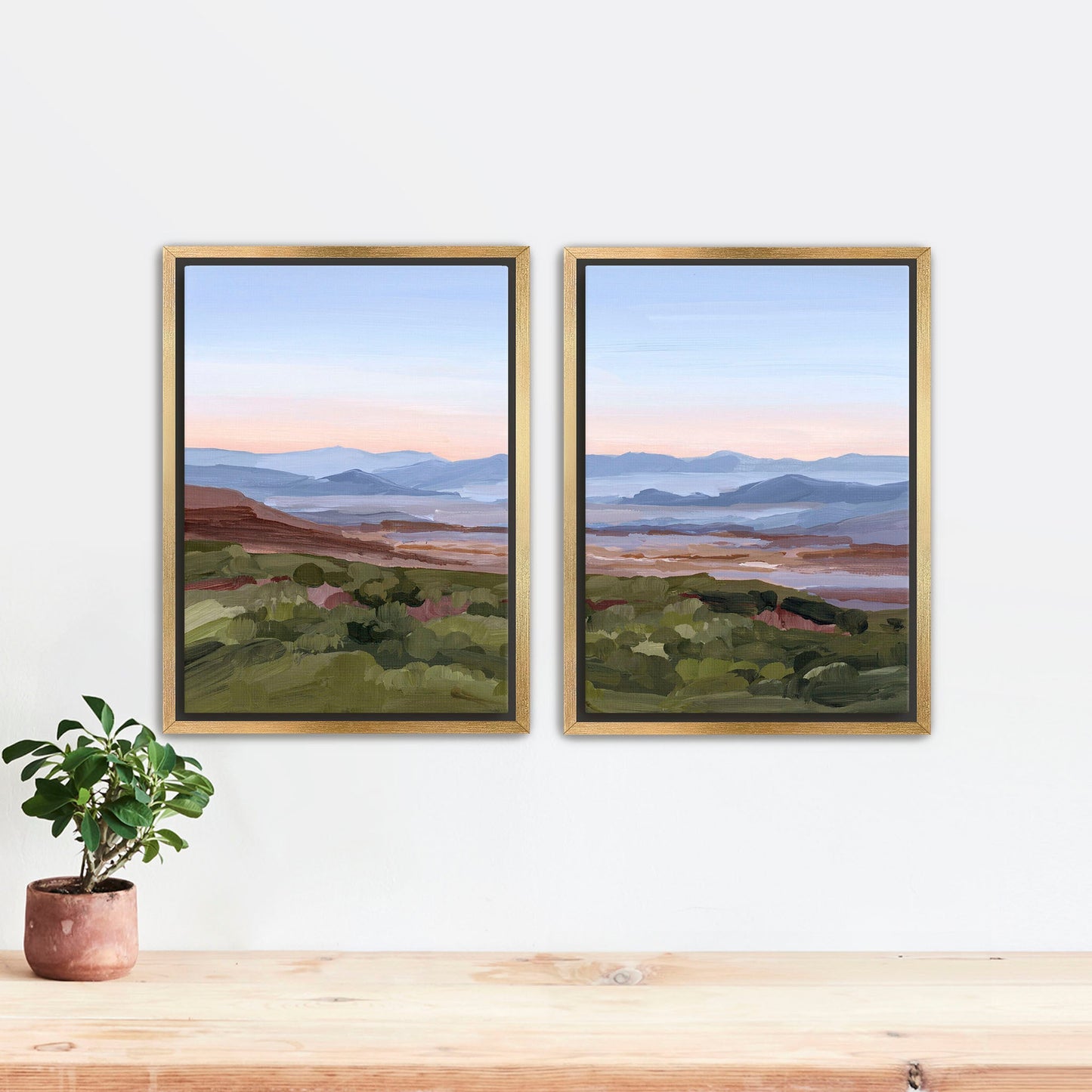 ’Morning Haze II’ Diptych Art Print || Set of 2 Stretched Canvas / 8x10 in / Gold Frame abstract Appalachian