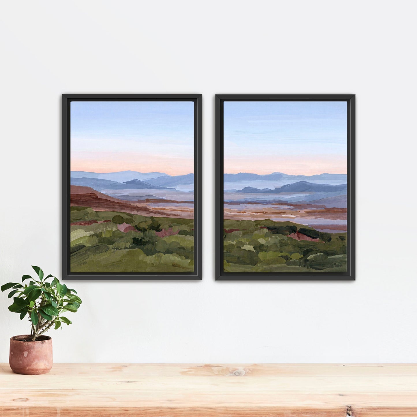 ’Morning Haze II’ Diptych Art Print || Set of 2 Stretched Canvas / 8x10 in / Black Frame abstract Appalachian