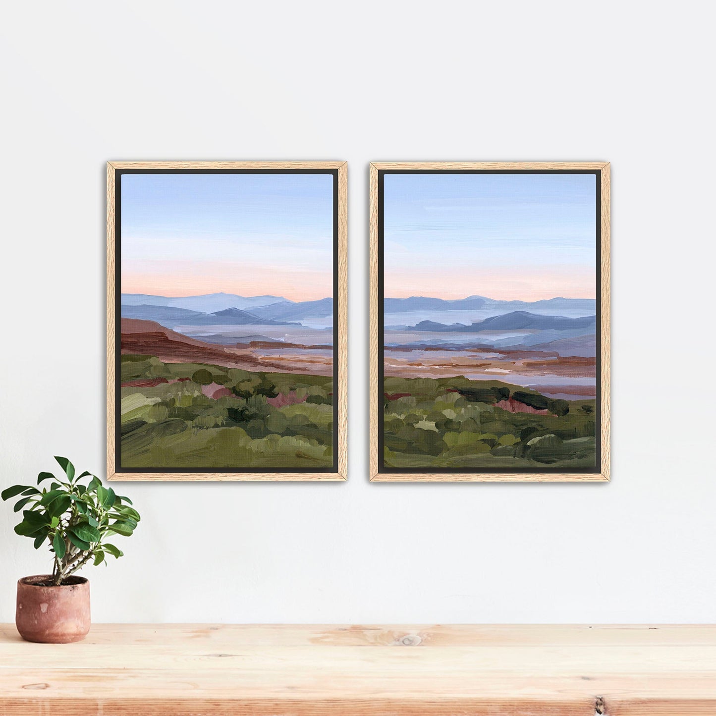 ’Morning Haze II’ Diptych Art Print || Set of 2 Stretched Canvas / 8x10 in / Oak Frame abstract Appalachian appalachian