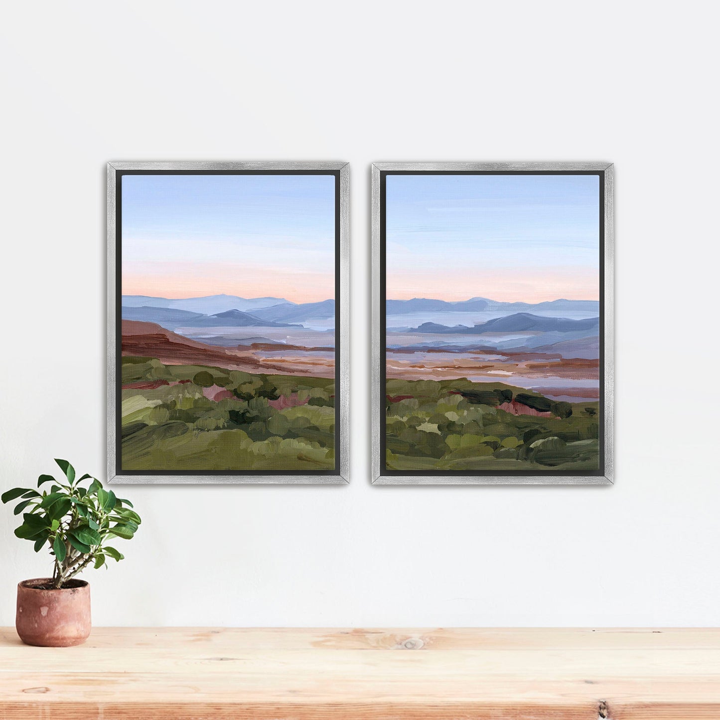 ’Morning Haze II’ Diptych Art Print || Set of 2 Stretched Canvas / 8x10 in / Silver Frame abstract Appalachian