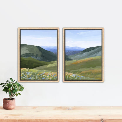 ’Mountain Town’ Diptych Art Print || Set of 2 - Stretched Canvas / 8x10 in / Oak Frame - ’sun valley’ - abstract